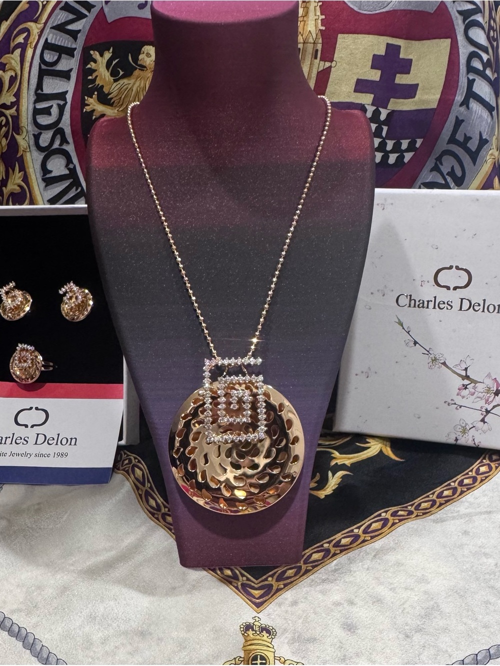 Gold Hammered Disc Necklace with Crystal Square Accent
